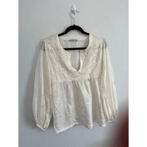 Calypso Embroidered Blouse Women XS Ivory Peasant Boho Cotton Top